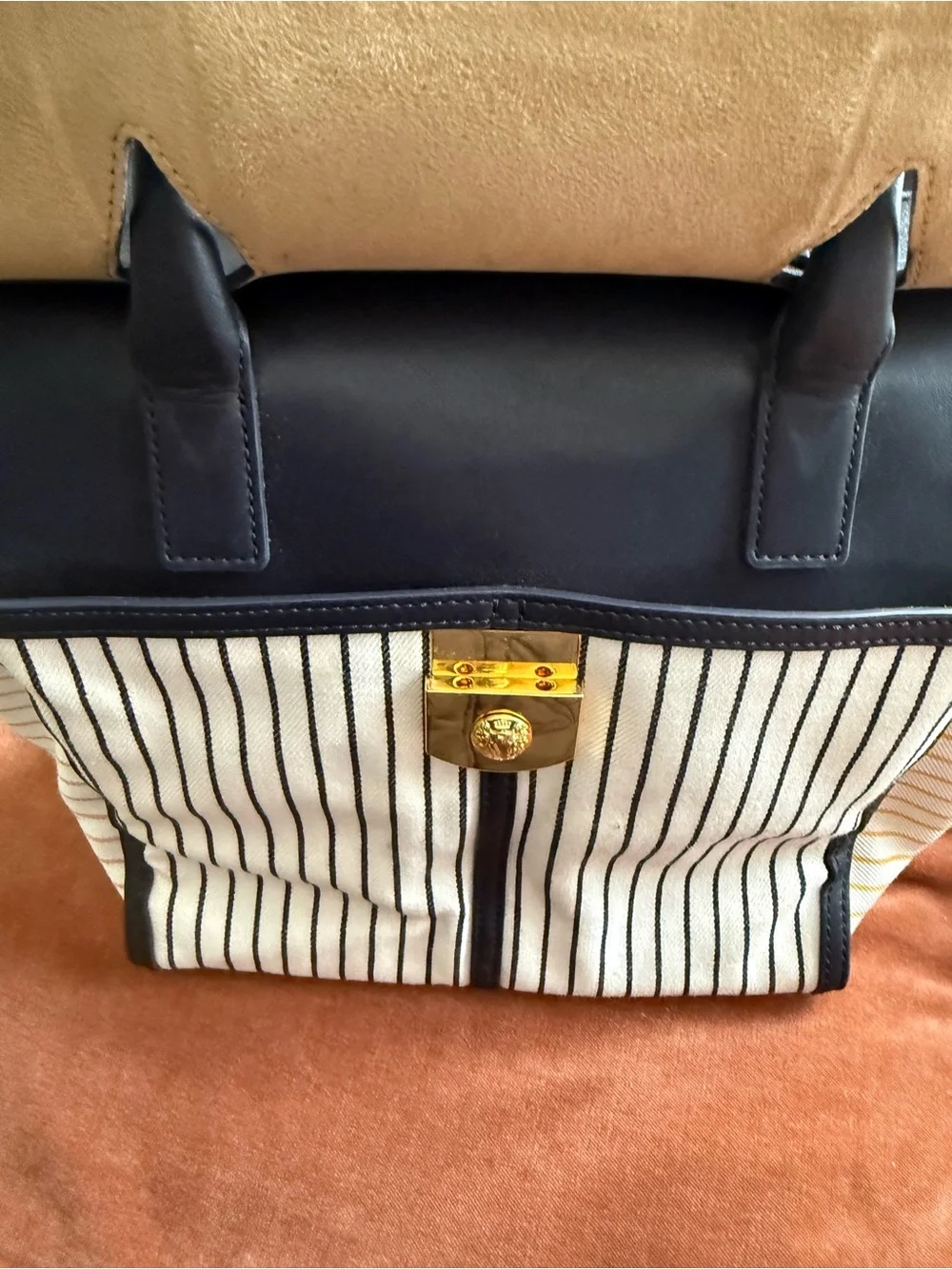 Veronica Beard Black and White Striped Satchel with Gold Lock